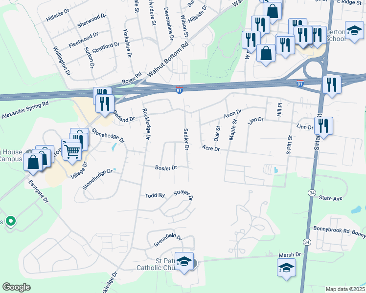 map of restaurants, bars, coffee shops, grocery stores, and more near 1200 Sadler Dr in Carlisle