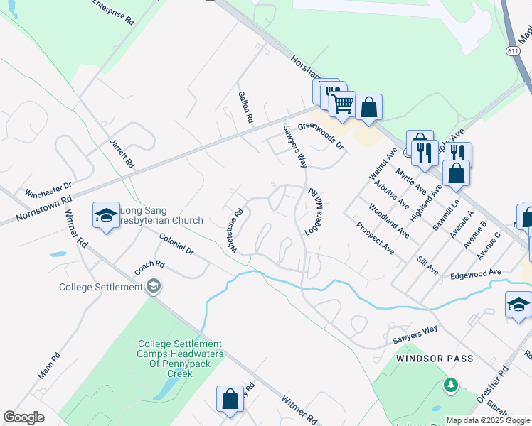 map of restaurants, bars, coffee shops, grocery stores, and more near 45 Ember Lane in Horsham