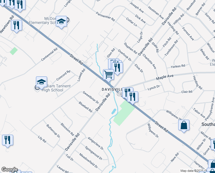 map of restaurants, bars, coffee shops, grocery stores, and more near 790 East Street Road in Warminster