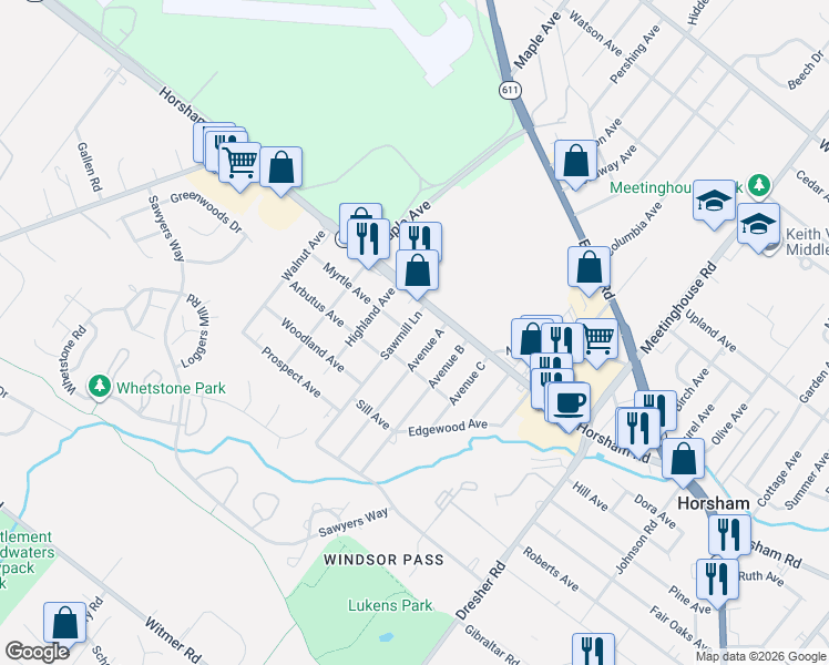 map of restaurants, bars, coffee shops, grocery stores, and more near 404 Avenue A in Horsham