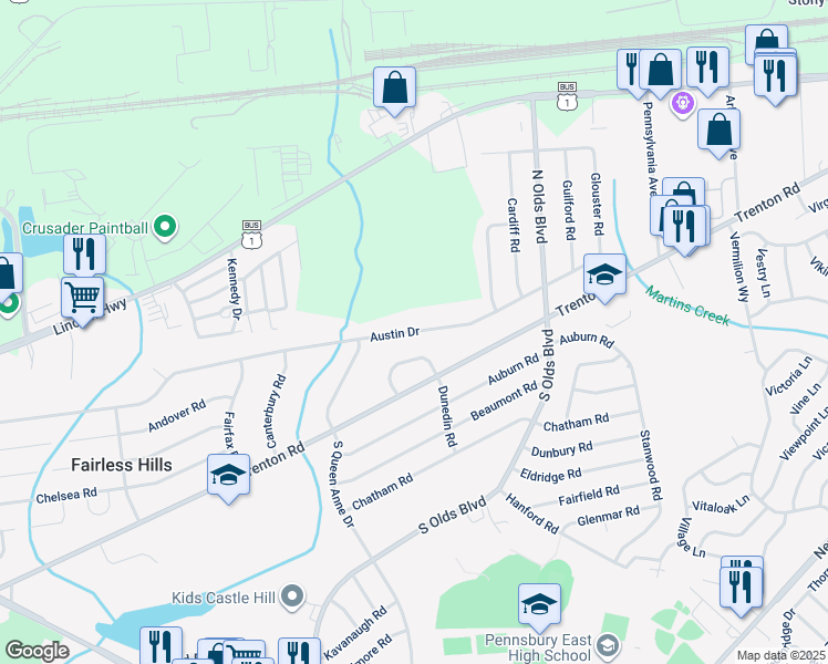 map of restaurants, bars, coffee shops, grocery stores, and more near 636 Austin Drive in Fairless Hills