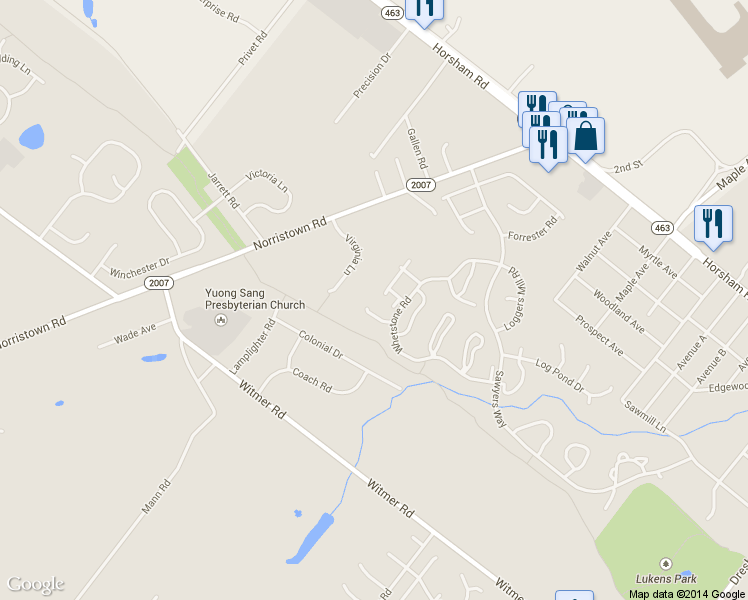 map of restaurants, bars, coffee shops, grocery stores, and more near 114 Sarahs Lane in Horsham