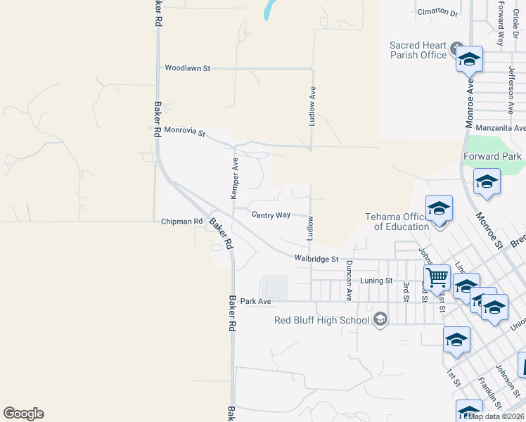 map of restaurants, bars, coffee shops, grocery stores, and more near 2150 Gentry Way in Red Bluff