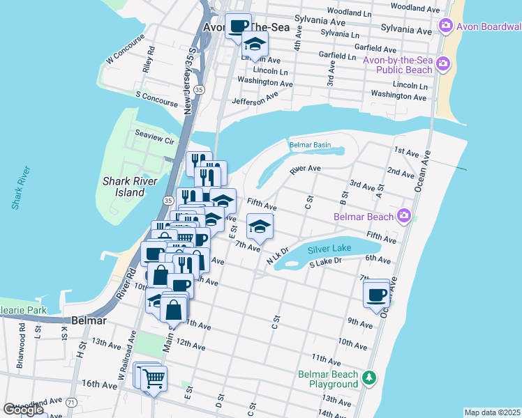 map of restaurants, bars, coffee shops, grocery stores, and more near 505 5th Avenue in Belmar