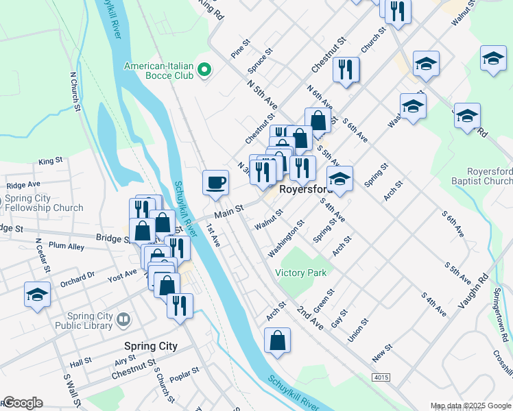 map of restaurants, bars, coffee shops, grocery stores, and more near 217 Main Street in Royersford