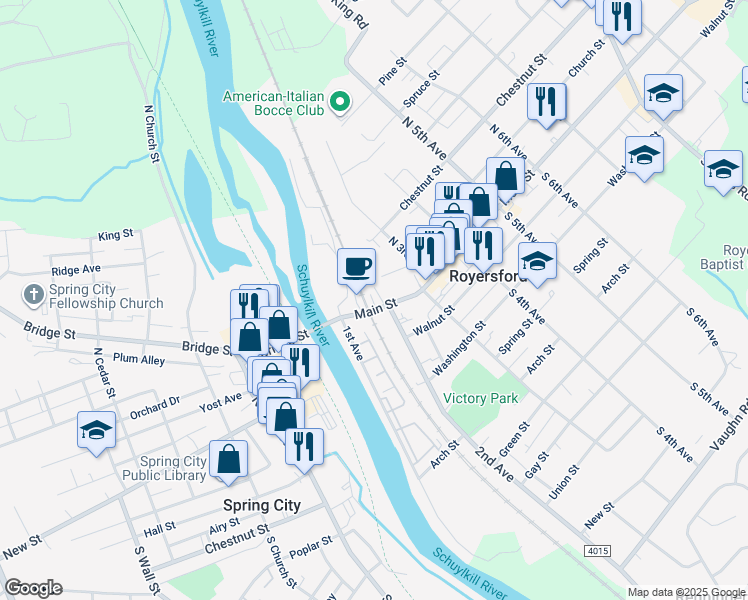 map of restaurants, bars, coffee shops, grocery stores, and more near 13 2nd Avenue in Royersford