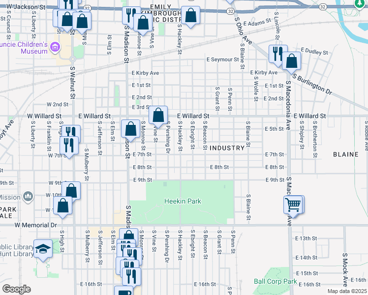 map of restaurants, bars, coffee shops, grocery stores, and more near 1310 South Hackley Street in Muncie