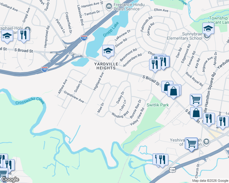 map of restaurants, bars, coffee shops, grocery stores, and more near 29 Winding Way in Hamilton Township
