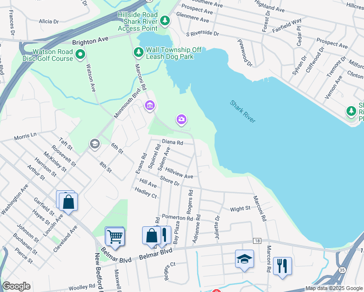 map of restaurants, bars, coffee shops, grocery stores, and more near 2009 Diana Road in Wall Township