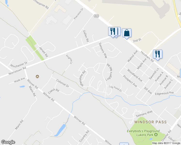 map of restaurants, bars, coffee shops, grocery stores, and more near 32 Bark Hollow Lane in Horsham