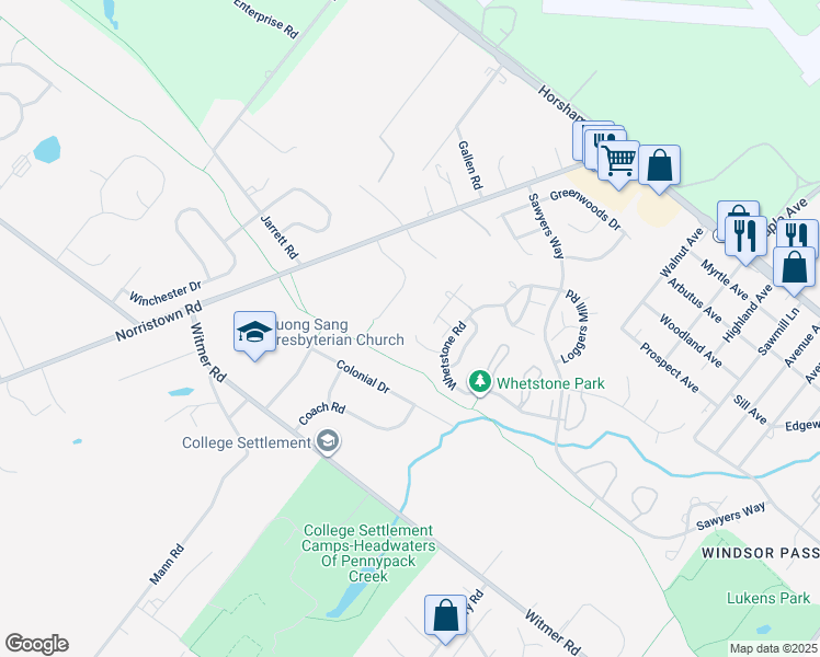 map of restaurants, bars, coffee shops, grocery stores, and more near 124 Sarahs Lane in Horsham
