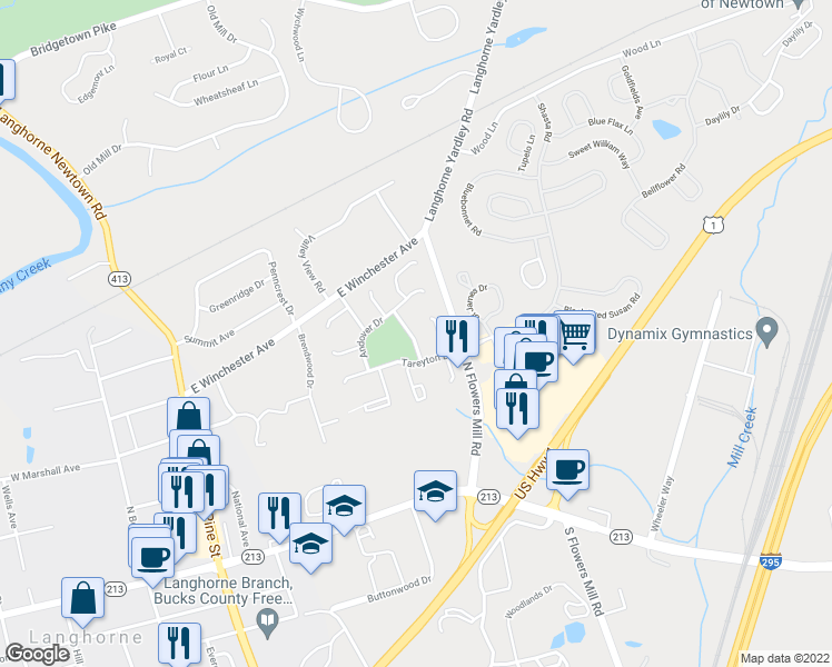 map of restaurants, bars, coffee shops, grocery stores, and more near 66 Coventry Lane in Langhorne