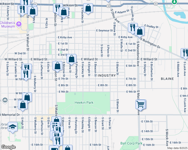 map of restaurants, bars, coffee shops, grocery stores, and more near 1311 South Beacon Street in Muncie