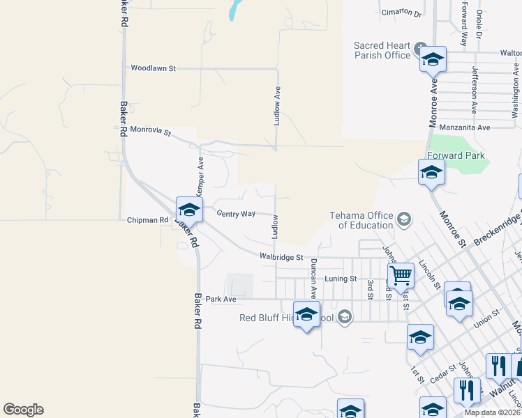 map of restaurants, bars, coffee shops, grocery stores, and more near 2020 Gentry Way in Red Bluff