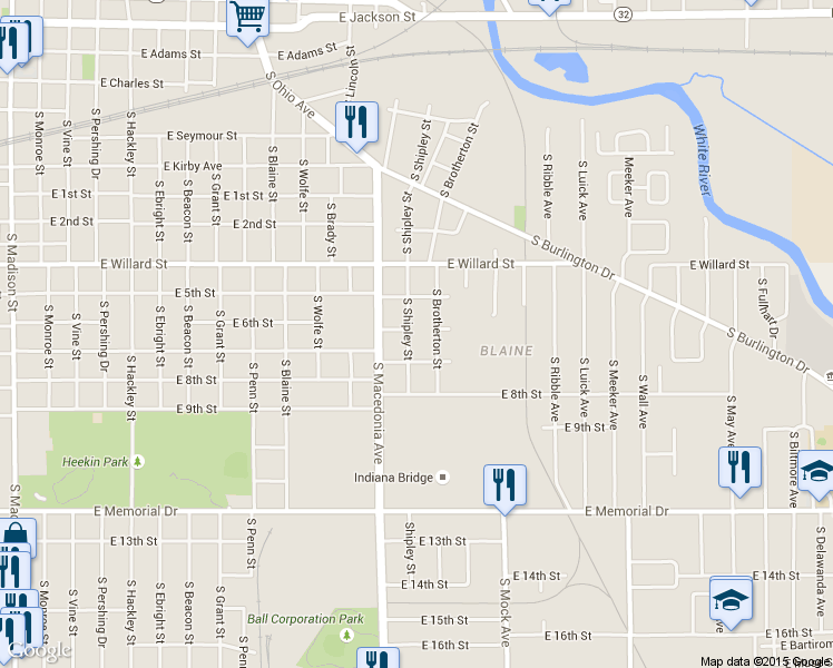 map of restaurants, bars, coffee shops, grocery stores, and more near 1300 South Shipley Street in Muncie