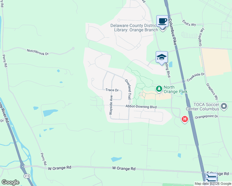 map of restaurants, bars, coffee shops, grocery stores, and more near 395 Trace Dr in Delaware