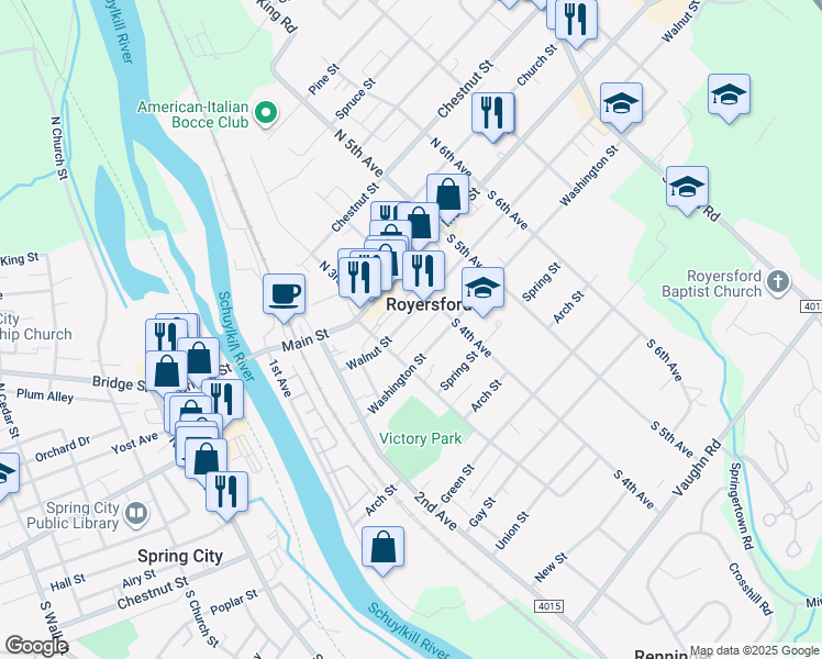 map of restaurants, bars, coffee shops, grocery stores, and more near 334 Walnut Street in Royersford