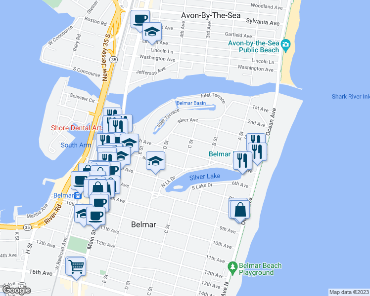 map of restaurants, bars, coffee shops, grocery stores, and more near 402 C Street in Belmar