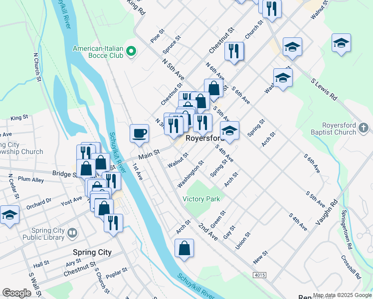 map of restaurants, bars, coffee shops, grocery stores, and more near 301 Walnut Street in Royersford