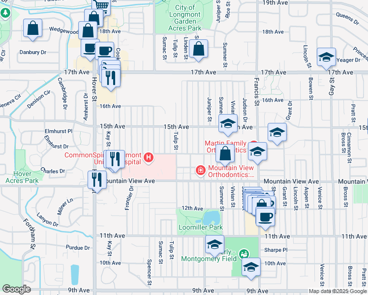 map of restaurants, bars, coffee shops, grocery stores, and more near 1411 Linden Street in Longmont