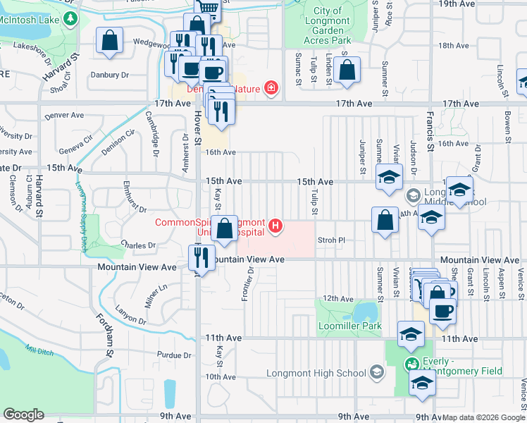 map of restaurants, bars, coffee shops, grocery stores, and more near 1409 Sherri Mar Street in Longmont