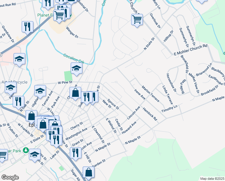 map of restaurants, bars, coffee shops, grocery stores, and more near 37 East Pine Street in Ephrata