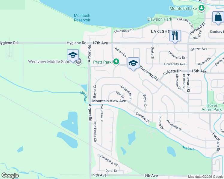 map of restaurants, bars, coffee shops, grocery stores, and more near 3702 Yale Drive in Longmont