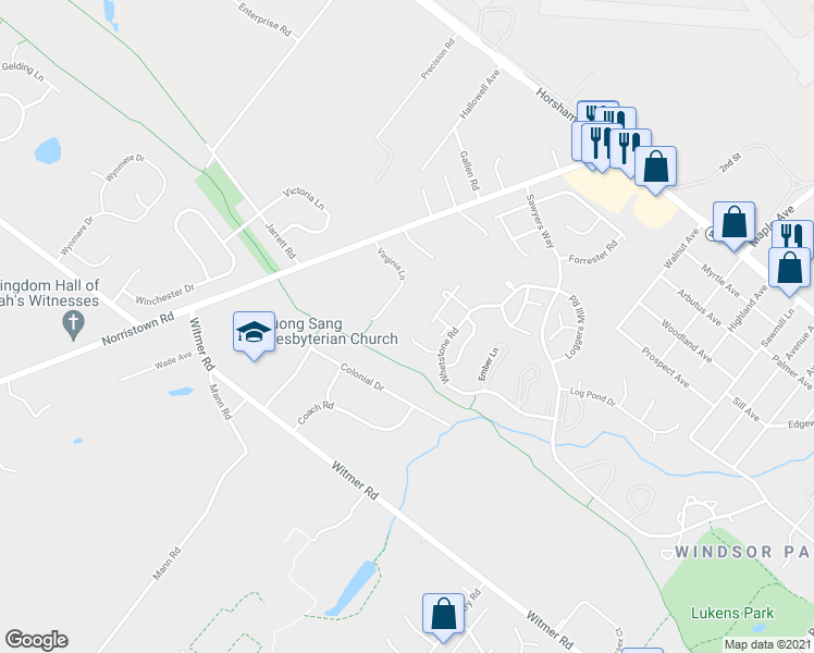 map of restaurants, bars, coffee shops, grocery stores, and more near 124 Sarahs Lane in Horsham