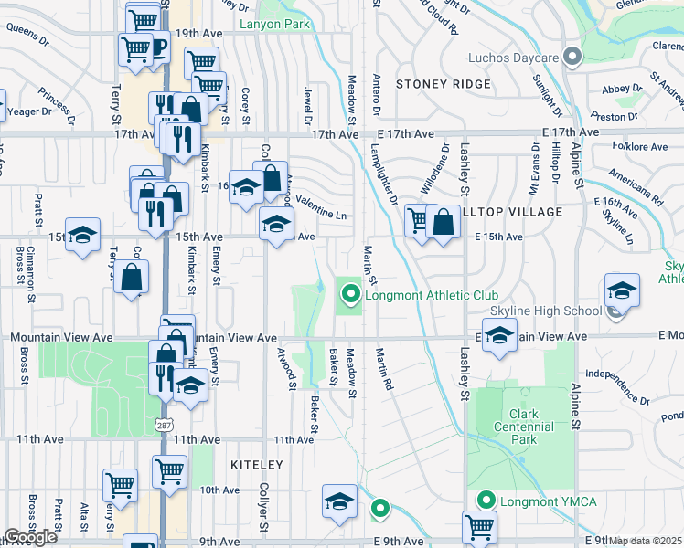 map of restaurants, bars, coffee shops, grocery stores, and more near 1413 Centennial Drive in Longmont