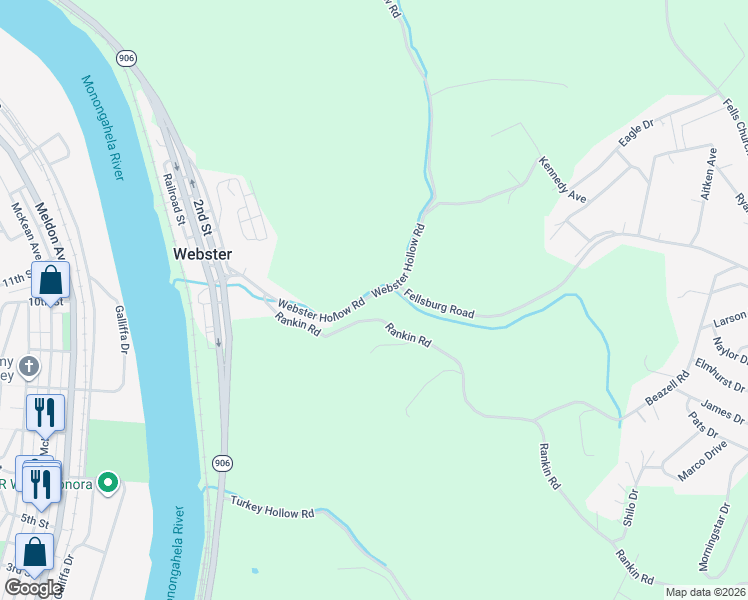 map of restaurants, bars, coffee shops, grocery stores, and more near 574 Webster Hollow Road in Belle Vernon