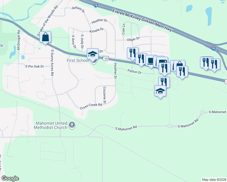 map of restaurants, bars, coffee shops, grocery stores, and more near 1414 Cross Creek Road in Mahomet
