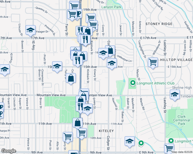 map of restaurants, bars, coffee shops, grocery stores, and more near 1410 Emery Court in Longmont