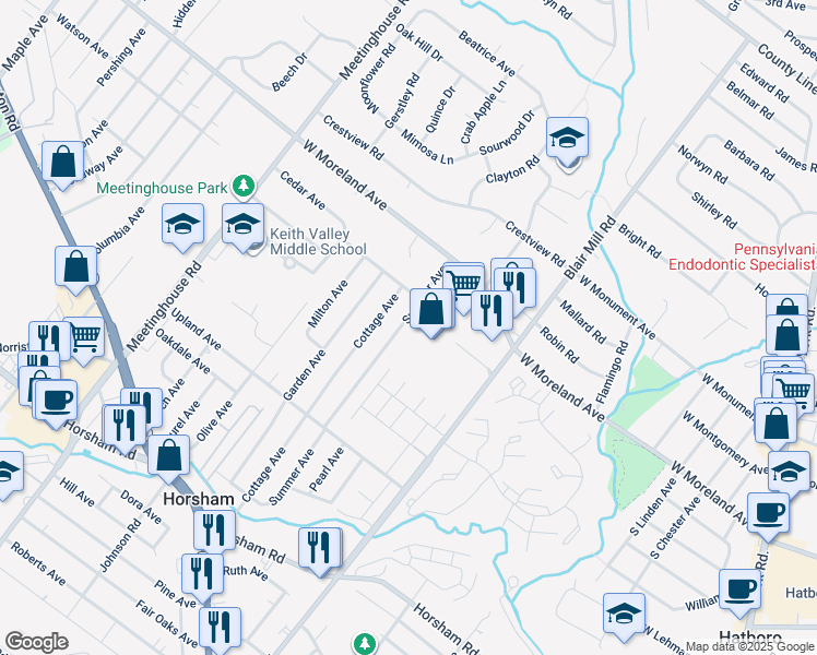 map of restaurants, bars, coffee shops, grocery stores, and more near 217 Summer Avenue in Horsham