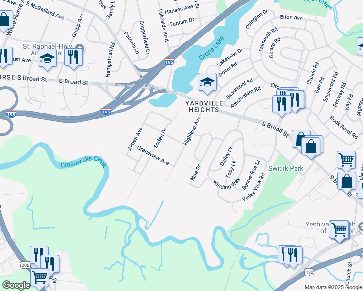 map of restaurants, bars, coffee shops, grocery stores, and more near 143 Highland Avenue in Hamilton Township
