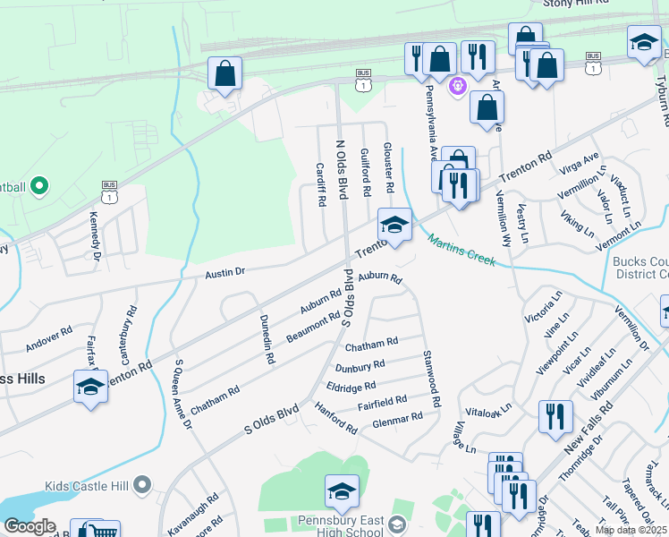 map of restaurants, bars, coffee shops, grocery stores, and more near 716 Trenton Road in Fairless Hills