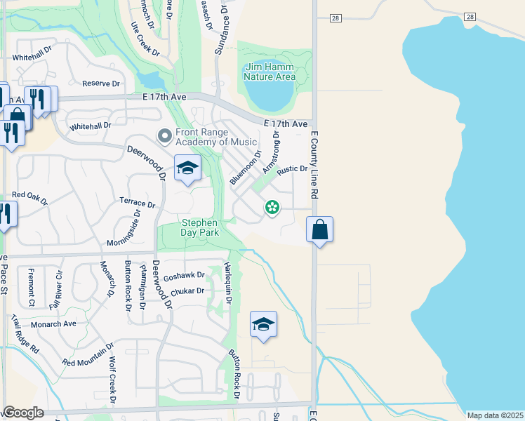 map of restaurants, bars, coffee shops, grocery stores, and more near 1290 Armstrong Drive in Longmont