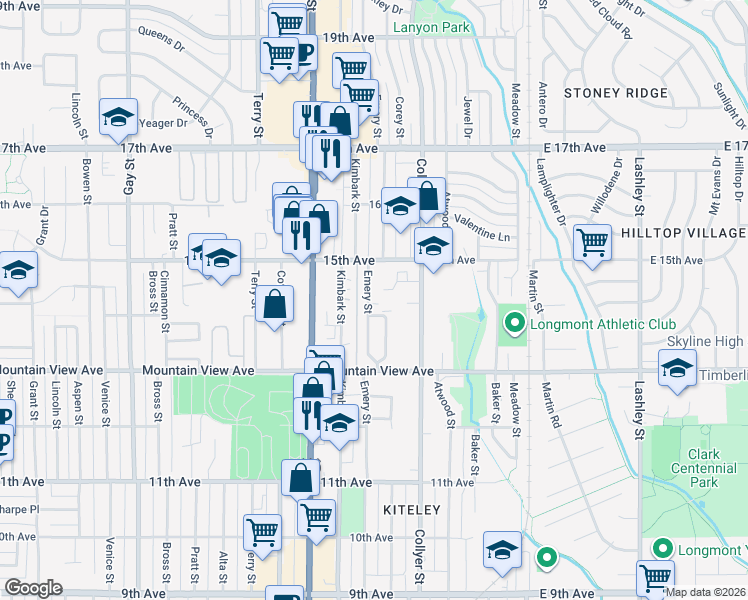 map of restaurants, bars, coffee shops, grocery stores, and more near 1410 Emery Court in Longmont