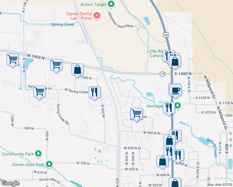 map of restaurants, bars, coffee shops, grocery stores, and more near 36 North 400 West in Springville