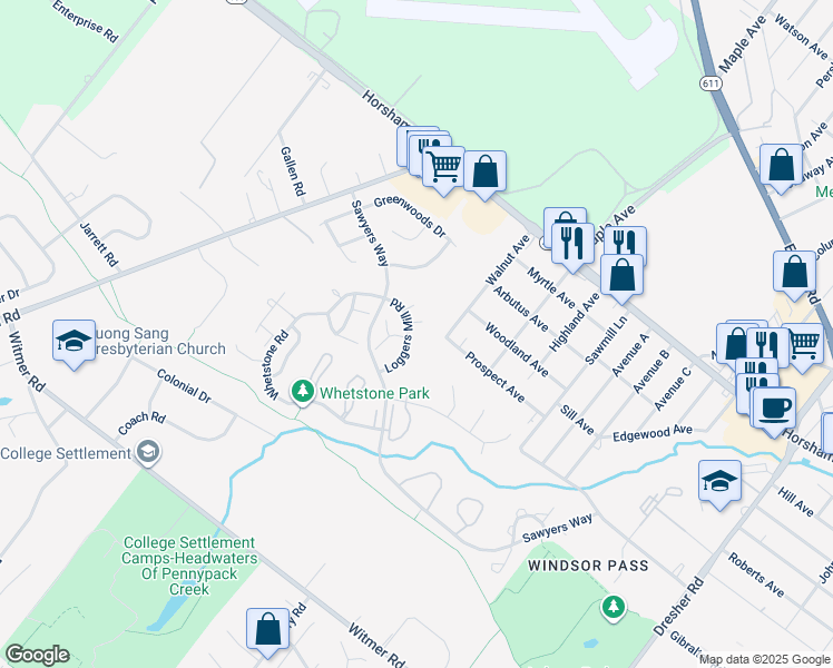 map of restaurants, bars, coffee shops, grocery stores, and more near in Horsham
