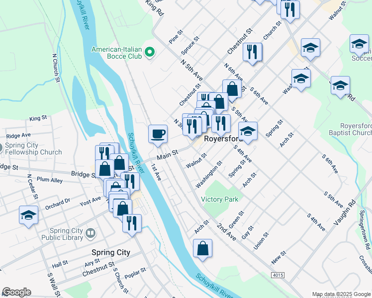 map of restaurants, bars, coffee shops, grocery stores, and more near 217 Main Street in Royersford