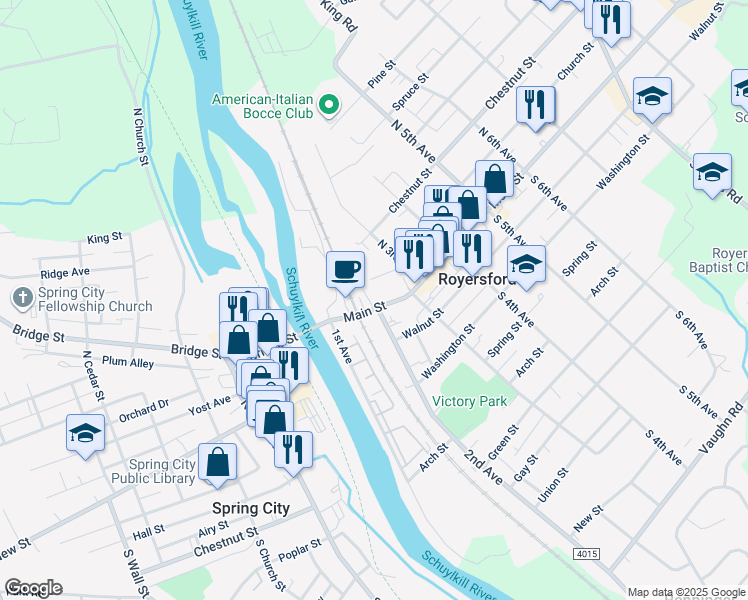 map of restaurants, bars, coffee shops, grocery stores, and more near 13 2nd Avenue in Royersford