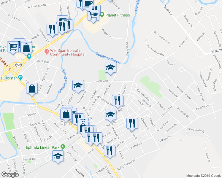 map of restaurants, bars, coffee shops, grocery stores, and more near 263 Church Avenue in Ephrata