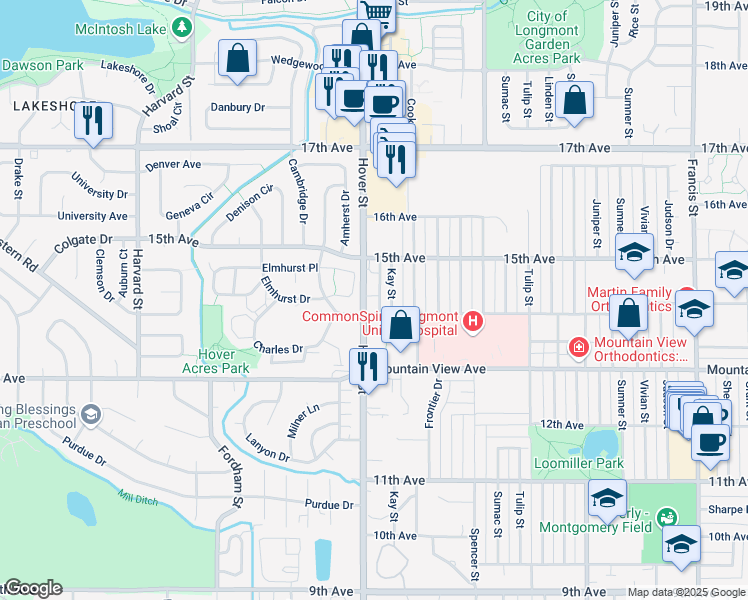 map of restaurants, bars, coffee shops, grocery stores, and more near 1420 Hover Street in Longmont
