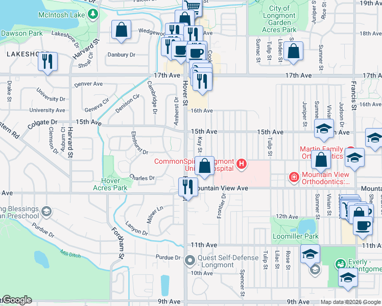 map of restaurants, bars, coffee shops, grocery stores, and more near 1420 Hover Street in Longmont