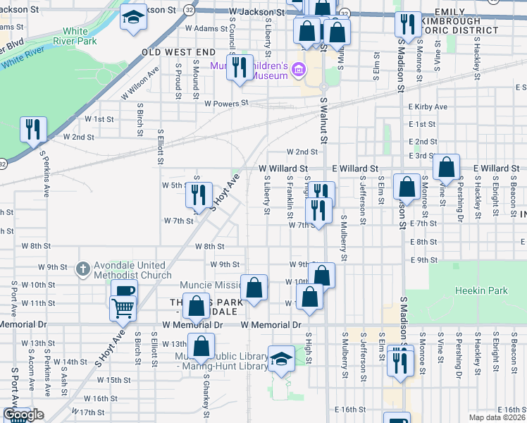 map of restaurants, bars, coffee shops, grocery stores, and more near 415 West 6th Street in Muncie