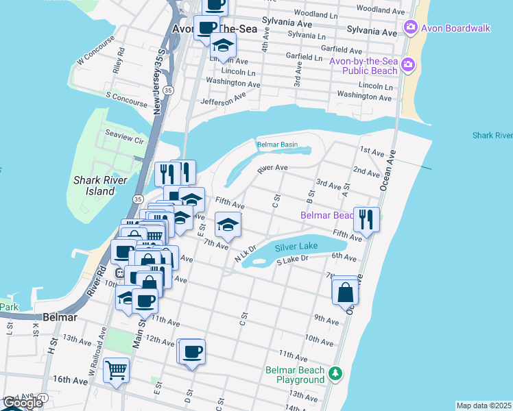 map of restaurants, bars, coffee shops, grocery stores, and more near 410 5th Avenue in Belmar