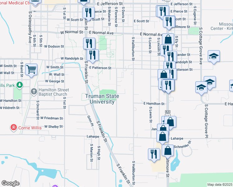 map of restaurants, bars, coffee shops, grocery stores, and more near East Link Street in Kirksville