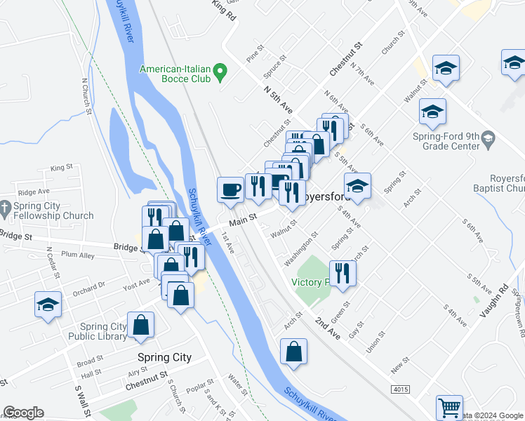 map of restaurants, bars, coffee shops, grocery stores, and more near 219 Main Street in Royersford