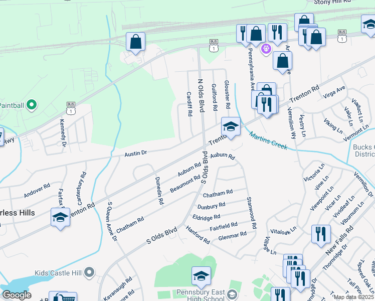 map of restaurants, bars, coffee shops, grocery stores, and more near 705 Trenton Road in Fairless Hills