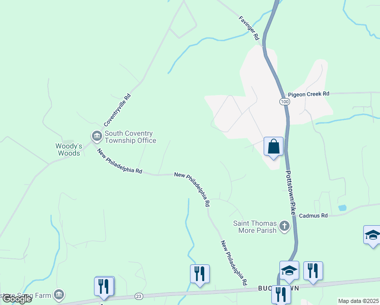map of restaurants, bars, coffee shops, grocery stores, and more near 1247 New Philadelphia Road in Pottstown